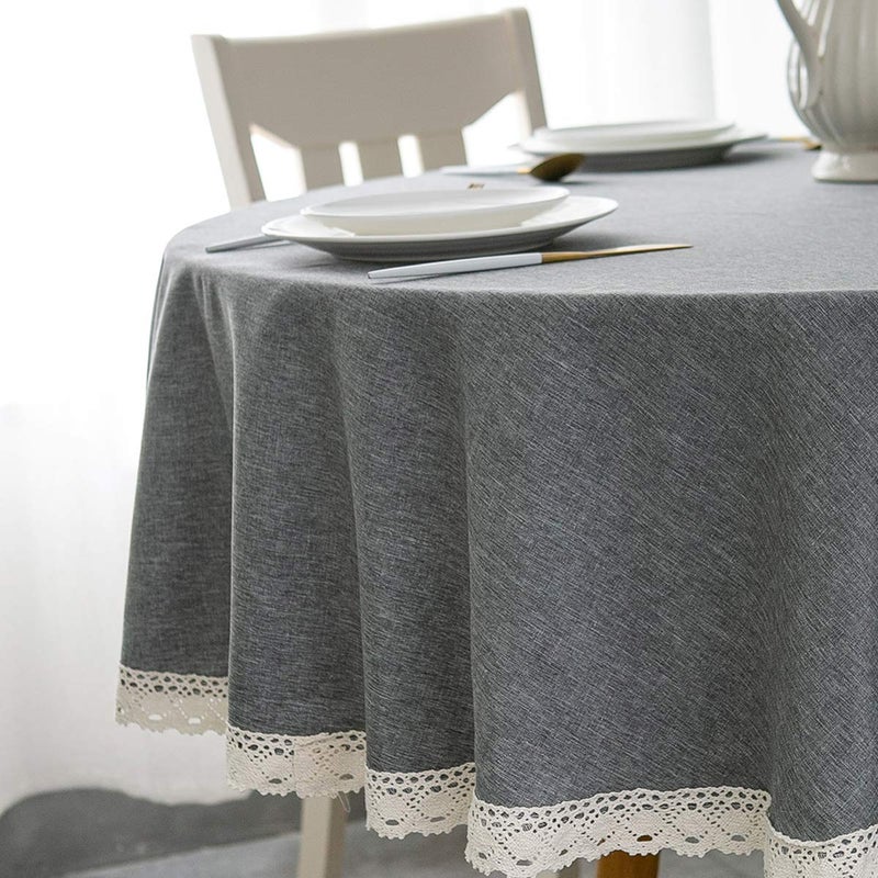 EHouseHome Faux Linen Tablecloth with Lace Trim - Waterproof/Spill Proof/Stain Resistant/Wrinkle Free/Oil Proof - for Banquet, Parties, Dinner,Kitchen,Wedding,Coffee,Holiday,Grey Round 70Inch - Image 1